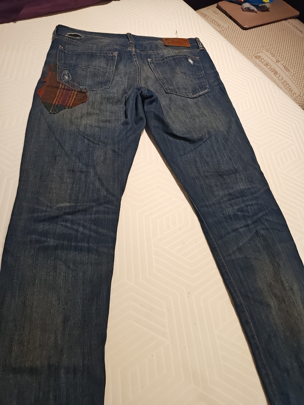 Polo by Ralph Lauren Slim Straight Distressed Blue Jeans with Plaid Patches - Picture 8 of 16